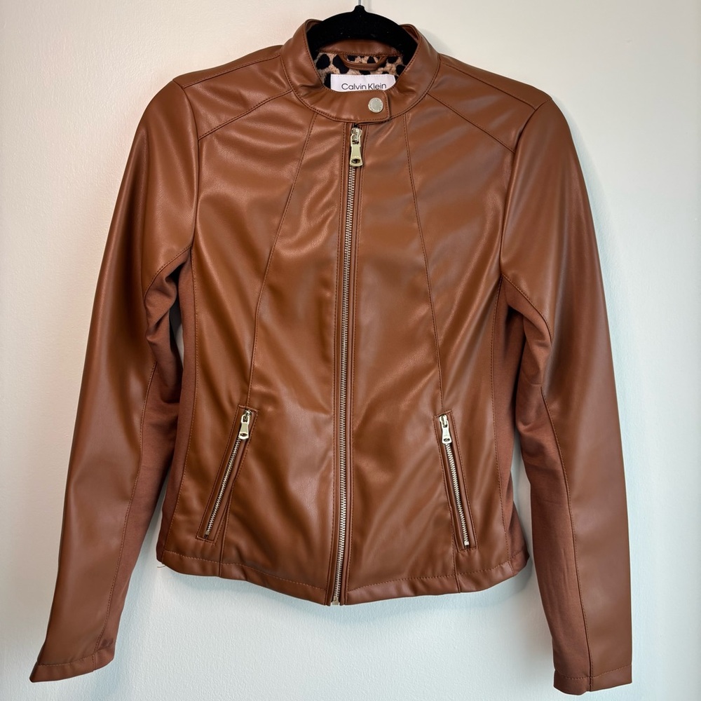 Calvin Klein Faux Leather Moto Jacket Brown Tan Leopard Lined Zip Pockets XS